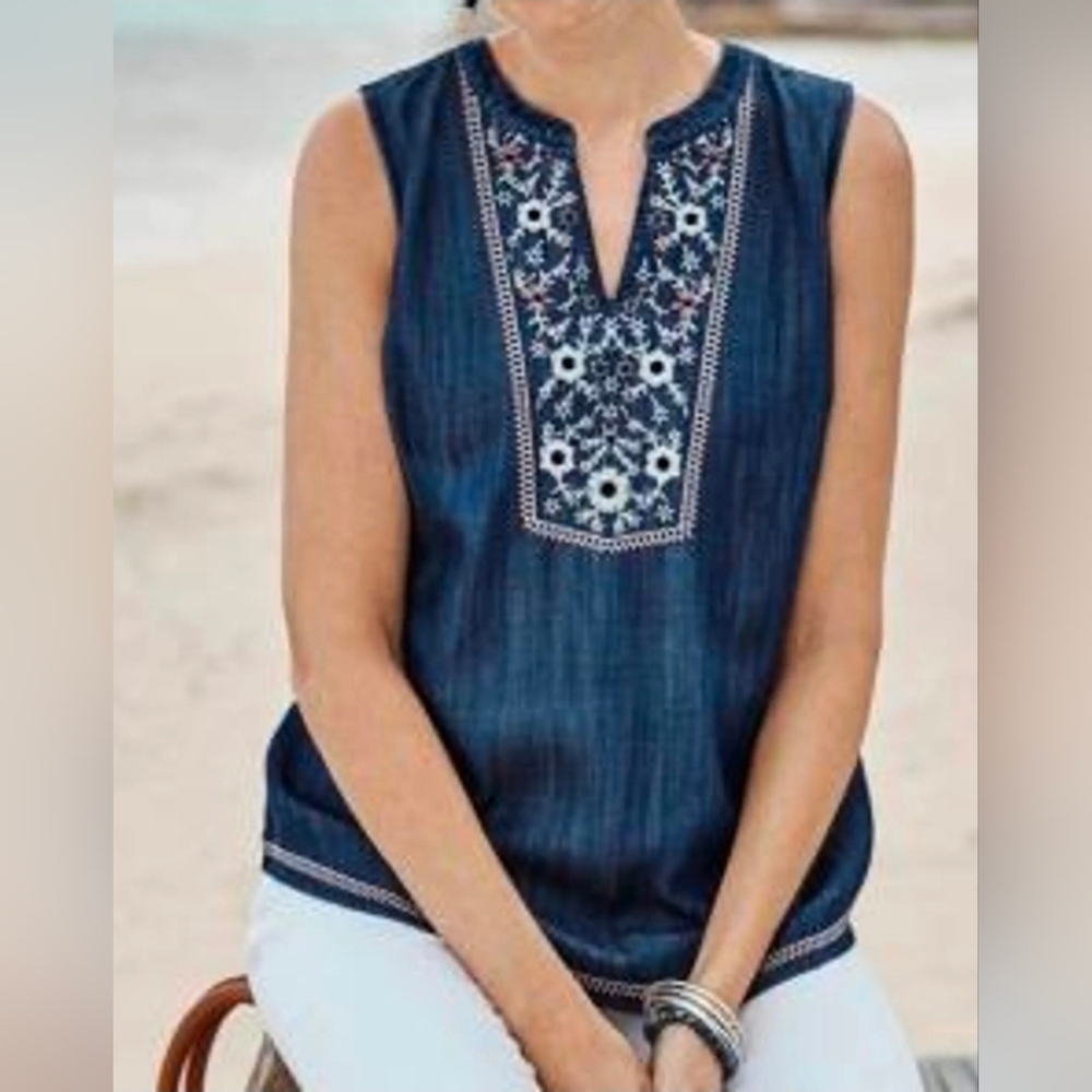 ❤ TALBOTS EMBROIDERED SLEEVELESS CHAMBRAY TOP, SMALL